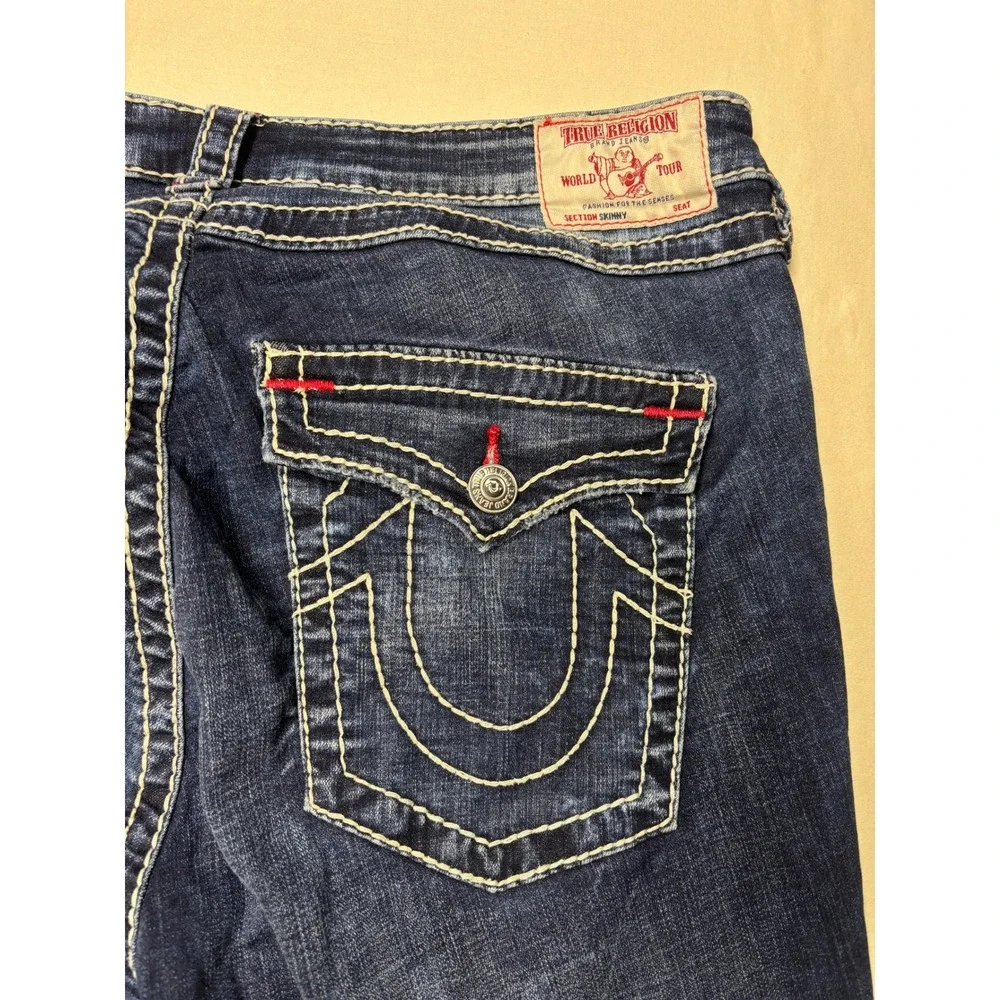 True Religion Skinny Jeans Mens 36X29 Dark Wash Distressed Contrast Stitch Blue